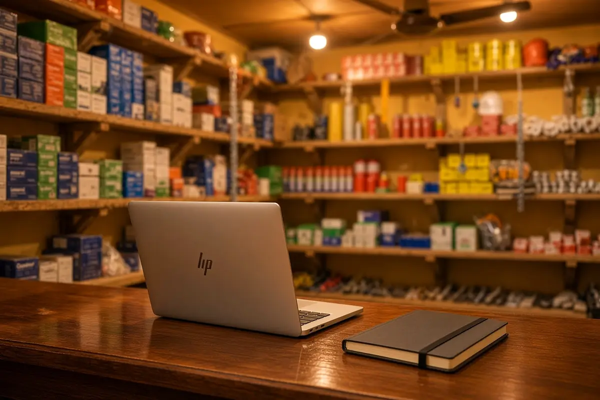 Comptoir de Wahabi & Fils, laptop et carnet sous les rayons
