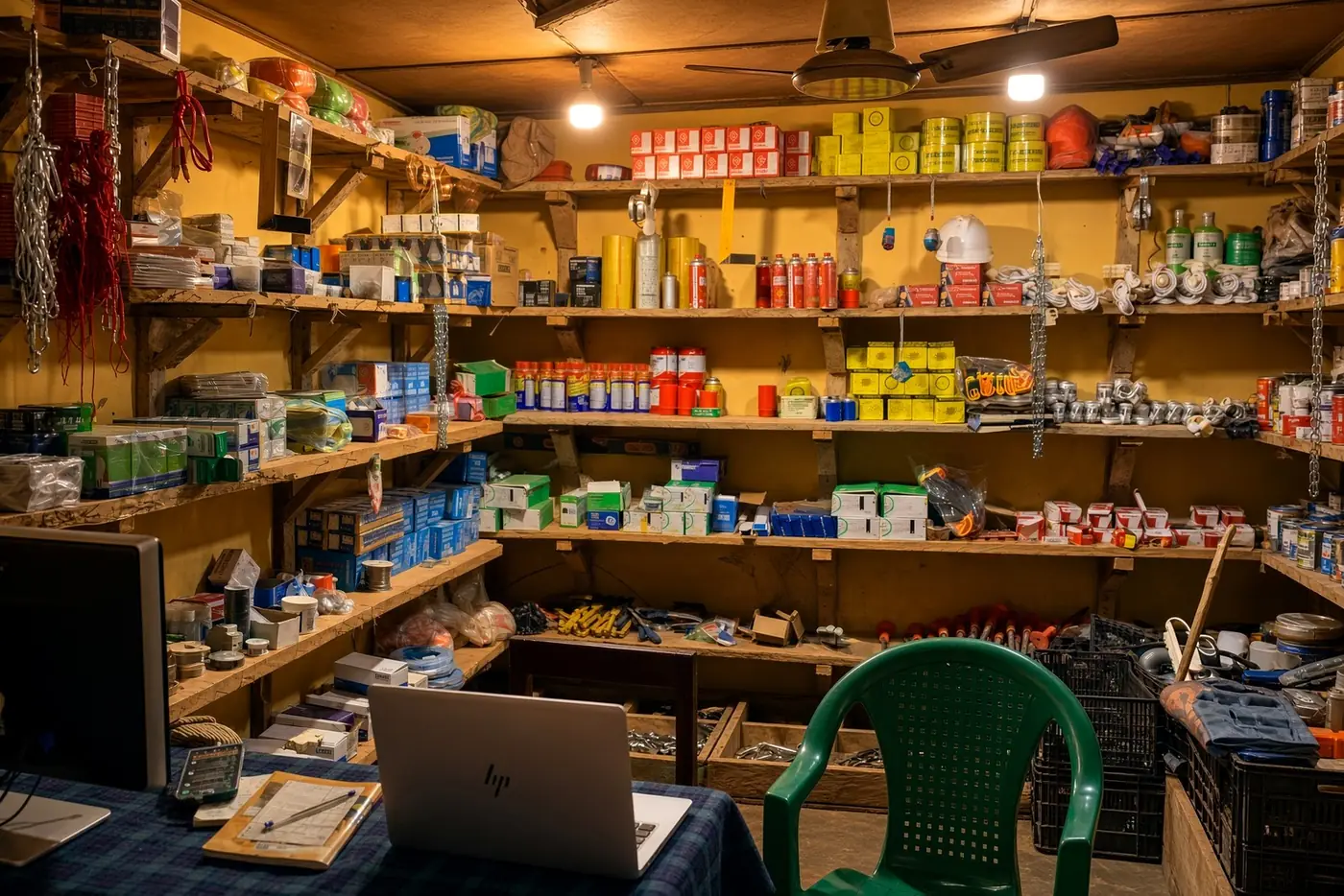 Intérieur de Wahabi & Fils, rayonnages de bois et comptoir